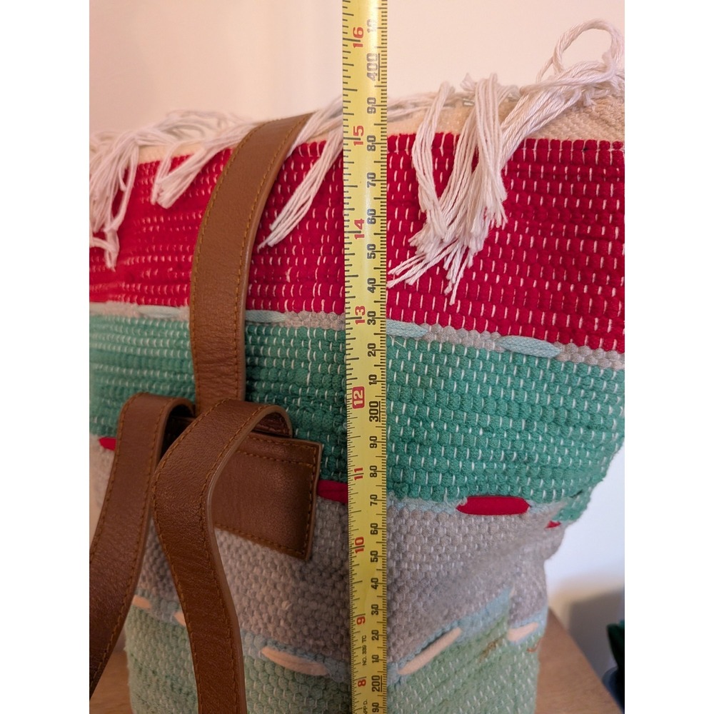 Boho Woven Textile Leather Bucket Backpack Fringe Multi-Color Striped Purse - Picture 13 of 14